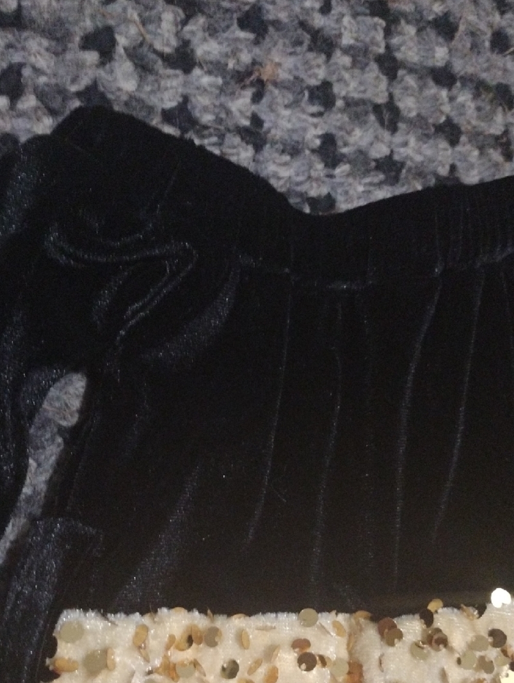 Black Velvet Off-Shoulder Top with Gold Fur Sequin Bell Pants - Kids - Picture 6 of 10